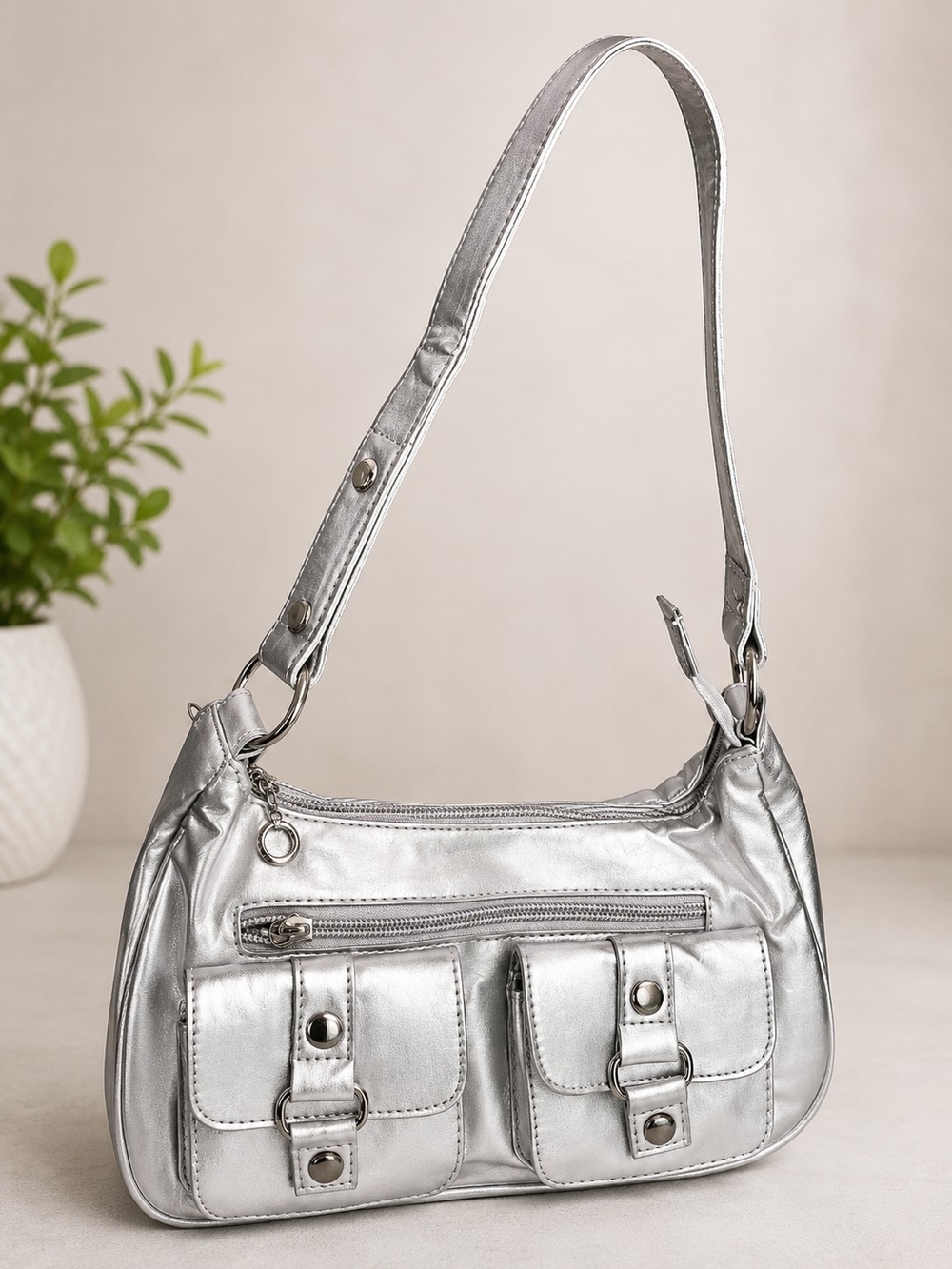 Silver Shoulder Bag with Front Pockets